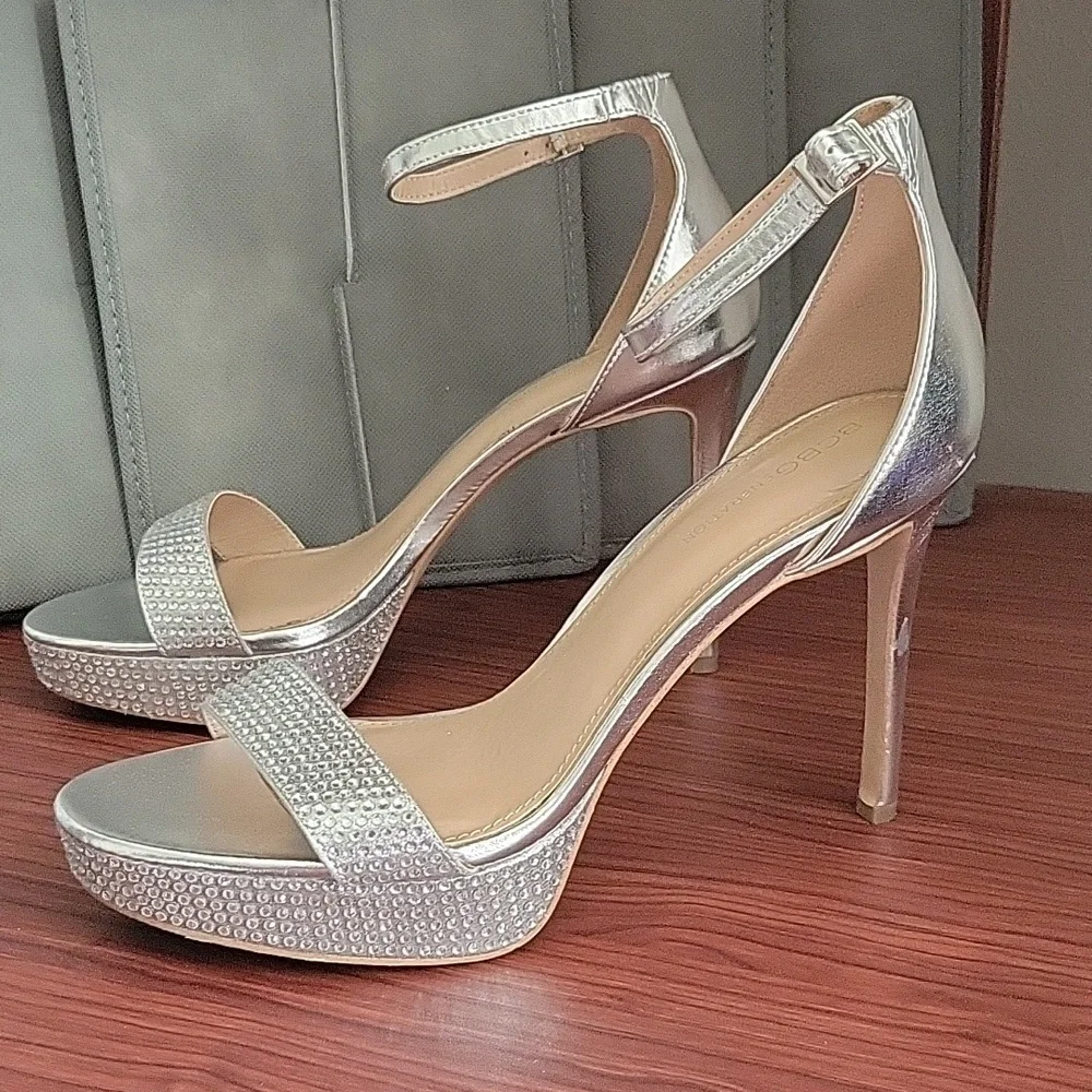 BCBGeneration Silver Bejeweled Ankle Straps Stiletto Heels